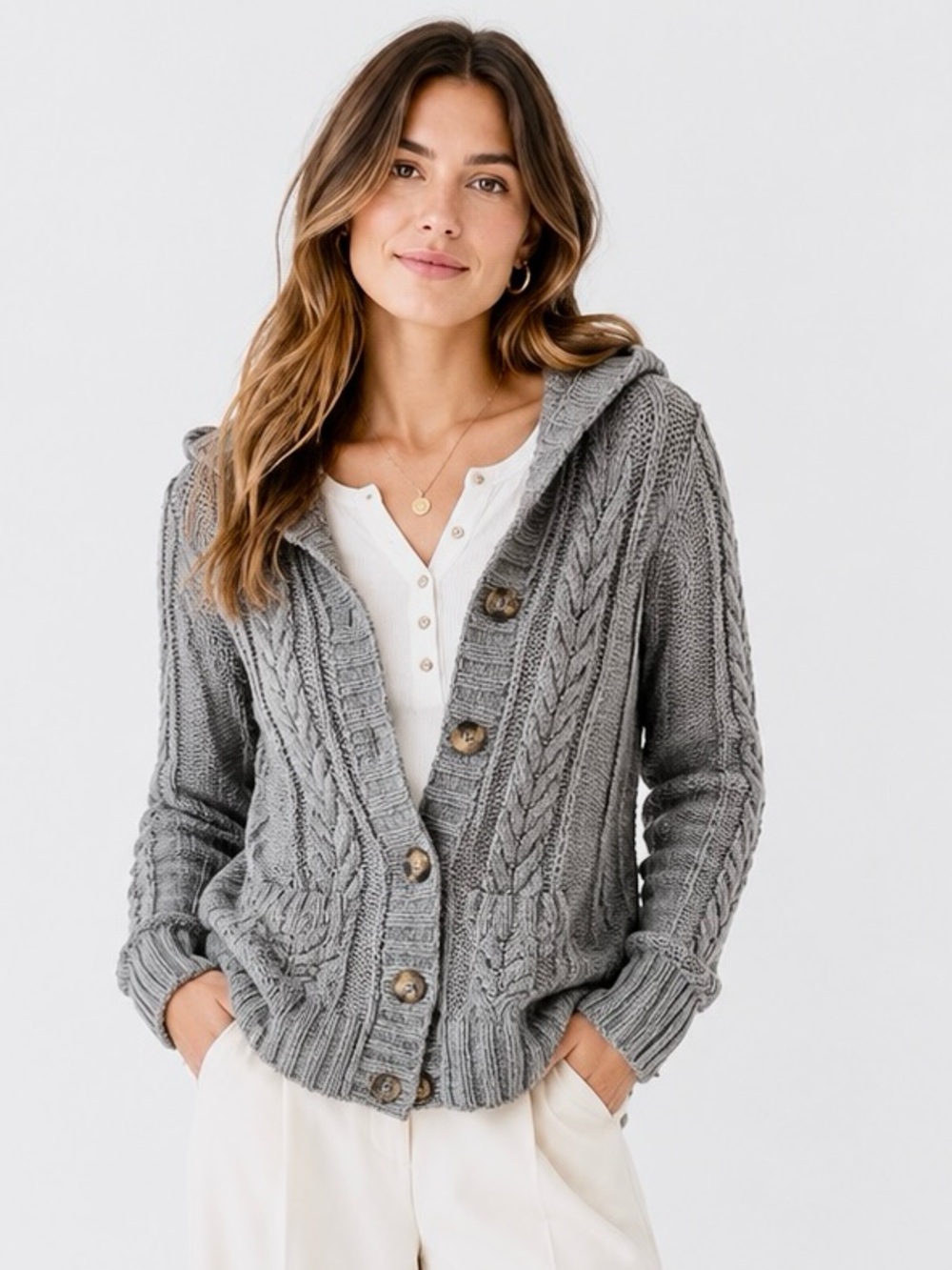 Old Navy Chunky Cable Knit Hooded Button Front Cozy Cardigan Sweater